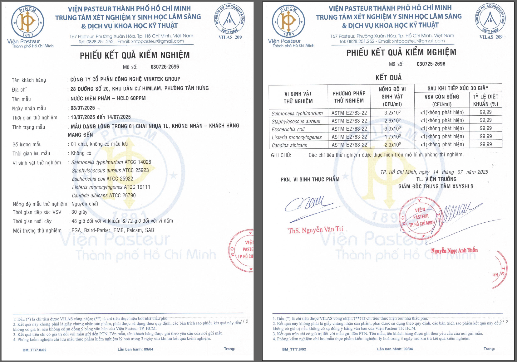 Báo cáo thử nghiệm diệt khuẩn của HClO
